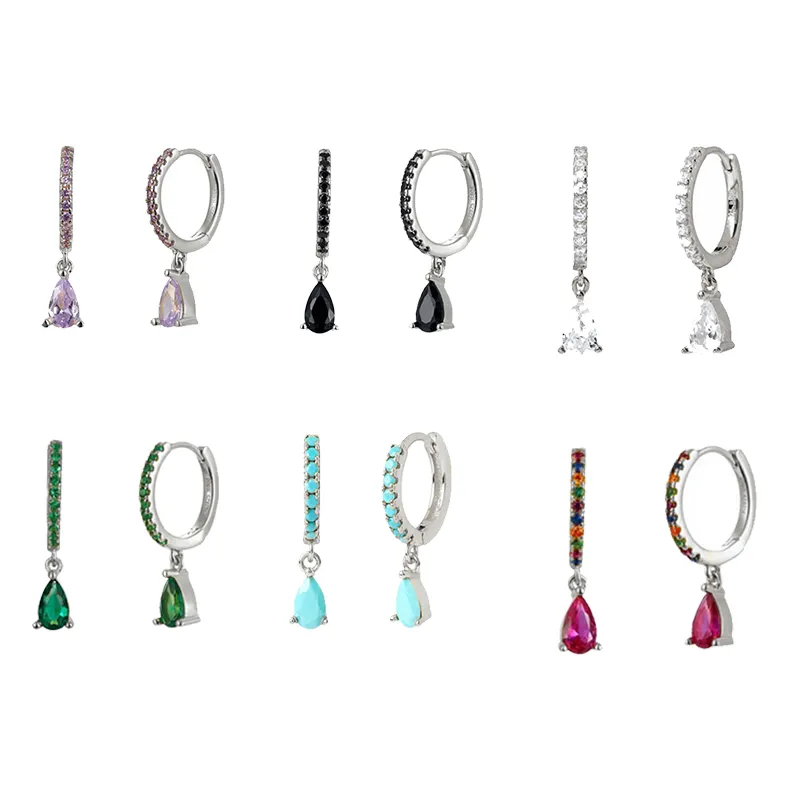 Ensemble de boucles d'oreilles en cristal CZ coloré, en argent Sterling 925, Huggies pour femmes, slim, arc-en-ciel, classique, charmant, 215g