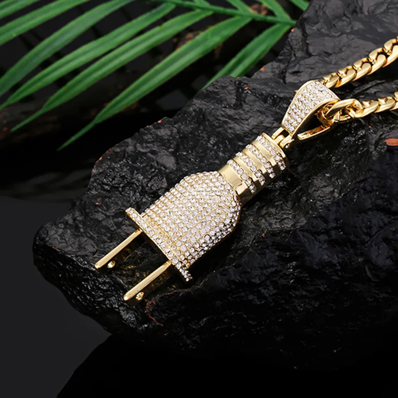 Fashion Bling Bling Electrical Plug Shape Iced Out Pendants Necklaces Charm Chains Gold Silver Color Men Women Hip Hop Jewelry254T