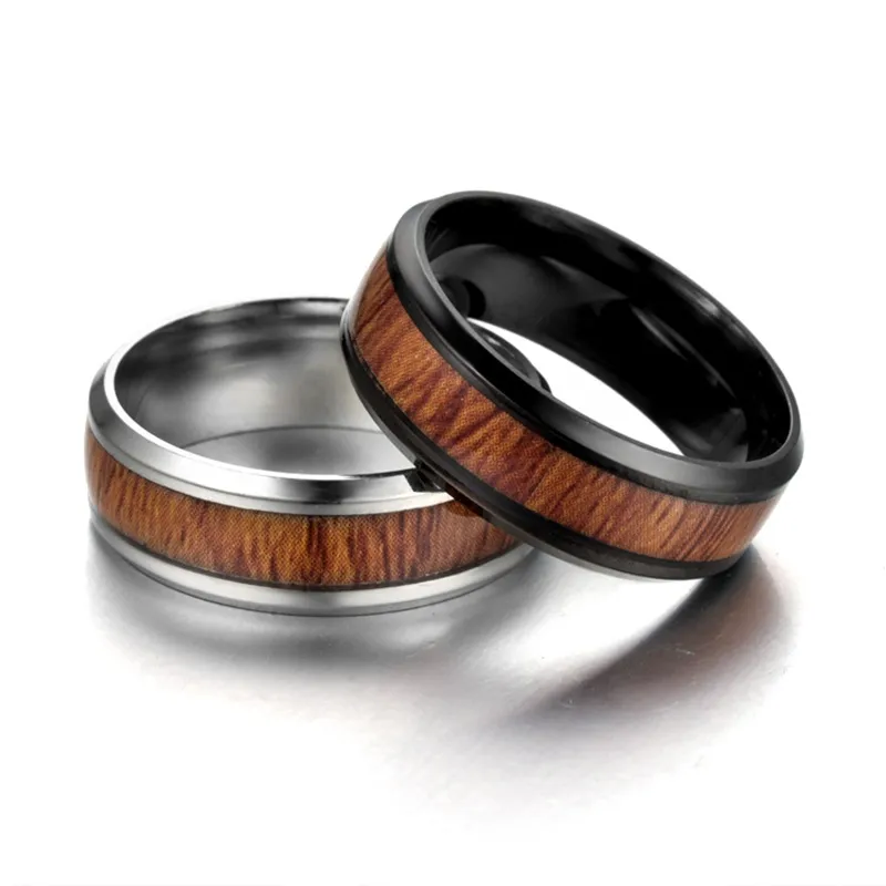 Anelli di coppia in acciaio inossidabile vintage donne imitazione anelli in legno larghezza 8 mm semplici anelli da matrimonio boho donne gioielli4561725