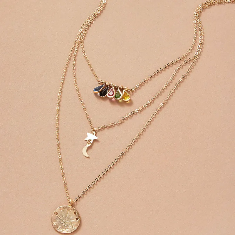 Bohême or multicouche collier étoile lune chaîne colliers Vintage coloré diamant pendentif collier pour femmes charme bijoux cadeaux