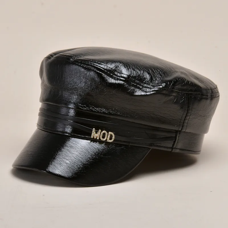 Stikte rand hoeden herfst klassiek Britse stijl kunstmatige lederen baret cap glitter dames sboy marine hoed zeeman kapitein reiscadet255m