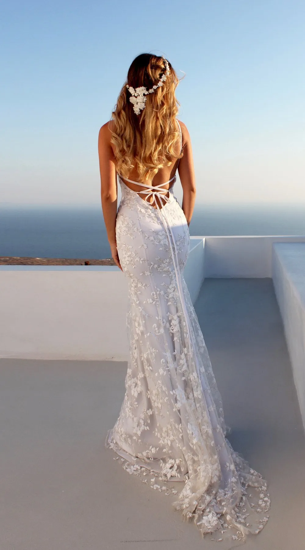 Backlakegirls Sexig Deep V Neck Sleeveless Mermaid Wedding Dresses Criss Cross Stems Backless Lace Bride Dresses Robe de Mariee174s