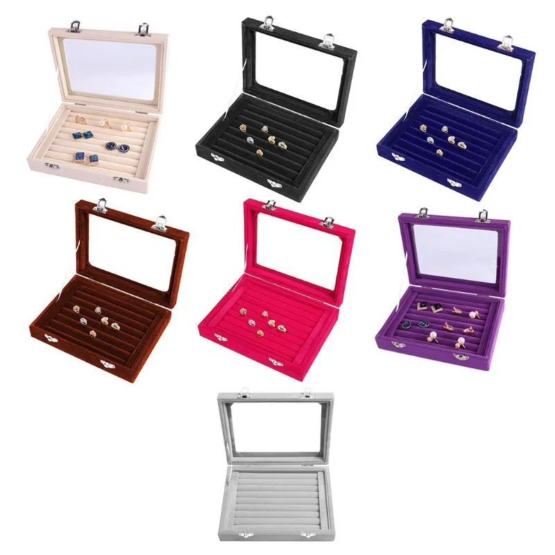 7 Färg sammet glas ring örhänge smycken display arrangör lådfack hållar lagringslåda t200917208q