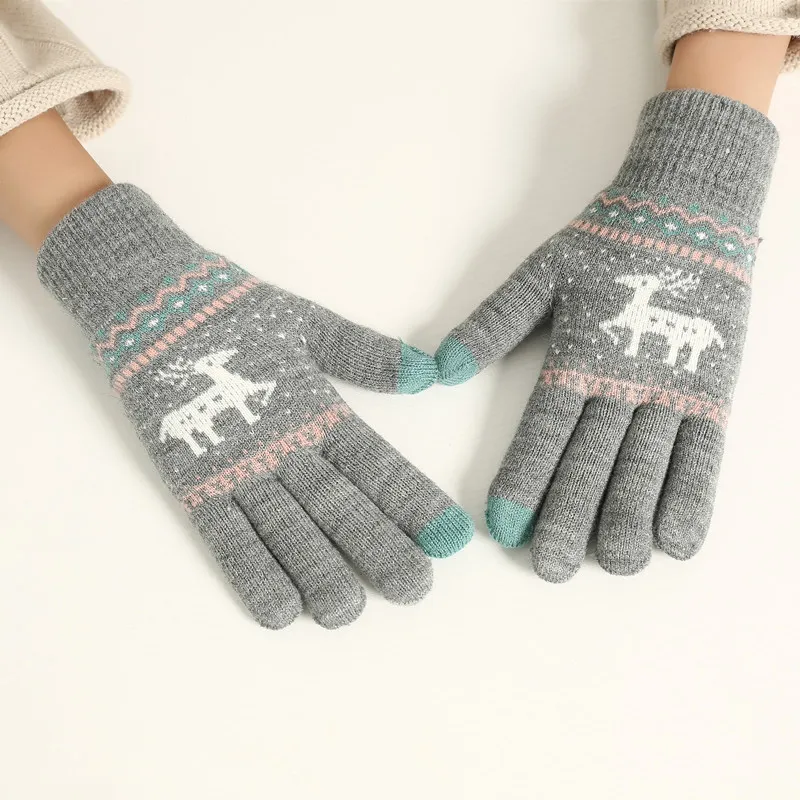 Vintage Christmas Deer Knitted Gloves Women Thicken Touch Screen Gloves Winter Warm Snow Elk Full Finger Mittens Xmas Gift Luvas210L