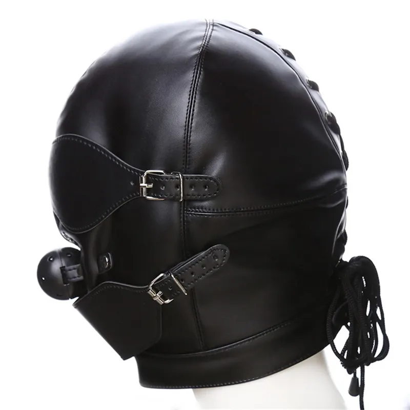 BDSM Esclave Cuir Bondage Couvre-chef Capuche Privation Sensorielle Restreindre Capuche avec Masque Pour Les Yeux Bouche Gag Fétiche Sex Tool pour Hommes Femmes T200909