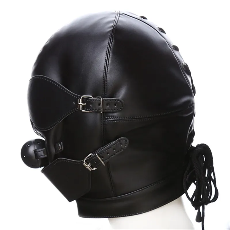 BDSM Escravo couro Bondage Headgear HOTE Sensory Privação Restringir capa com máscara de olho boca gag fetiche ferramenta sexual para homens mulheres t200909