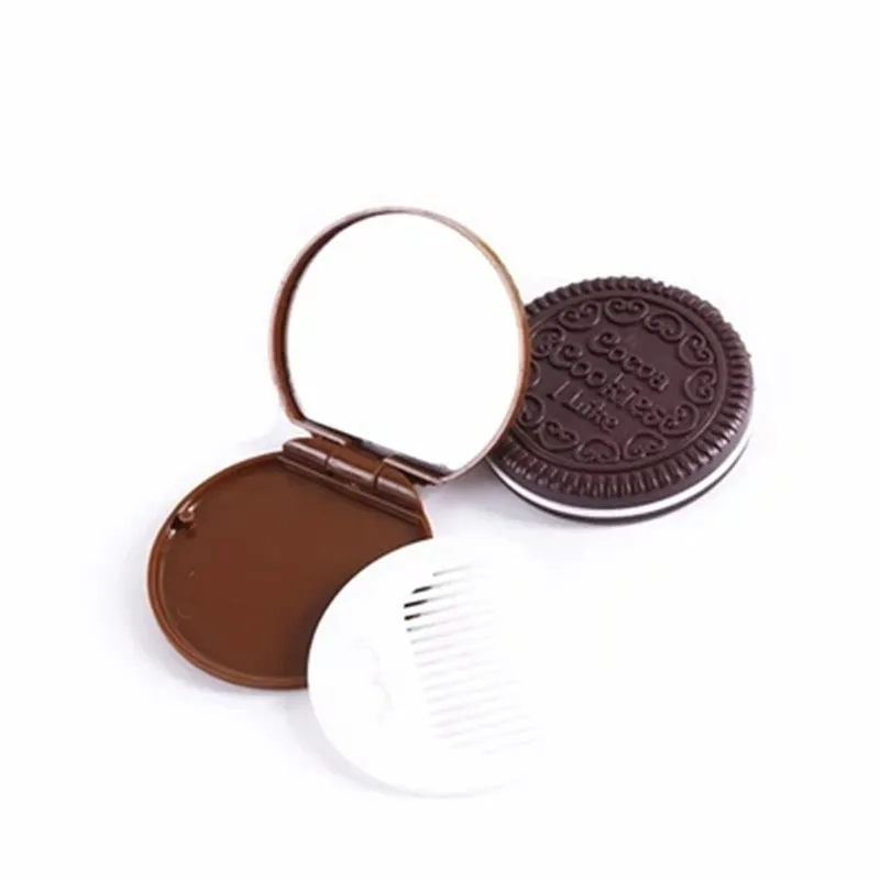 Biscuits poncés au chocolat miroirs mignon poche portable mini maquillage miroir femmes filles peigne biscuit forme miroir cosmétique espionné