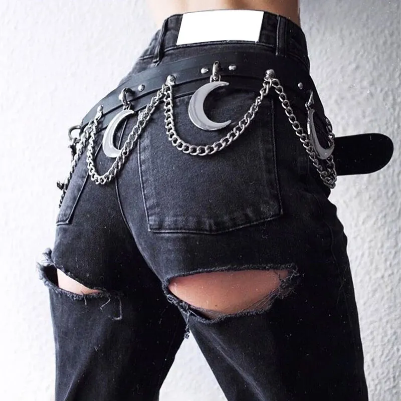 InsGoth Punk Hip Hop ceinture en métal ceinture en cuir PU gothique Streetwear chaîne lune Goth danse Streetwear individuel Women293s