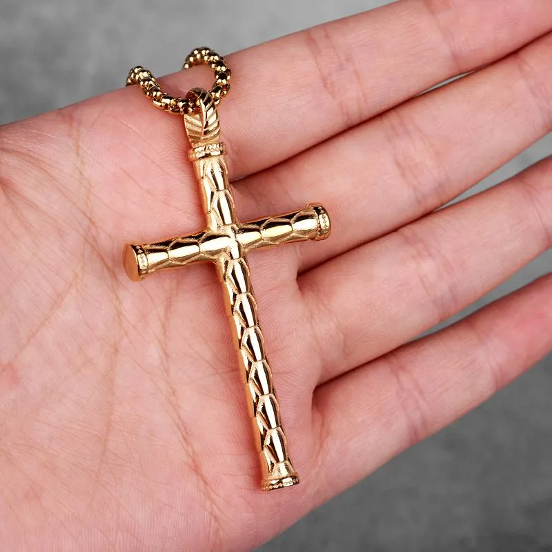 Dragon Scale Gold Cross Long Men Necklace Pendants Chain for Boyfriend Male Stainless Steel Jewelry Creativity Gift Whole1249F