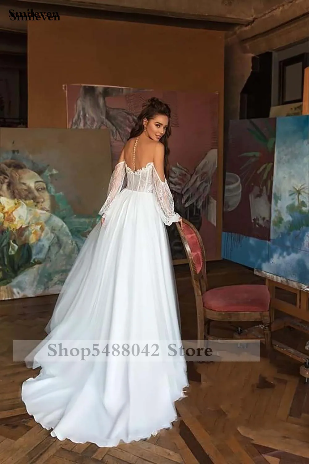 Smileve – robe de mariée princesse, manches bouffantes, style Boho, couleur chair, haut en Tulle, avec des Appliques en dentelle, 248N