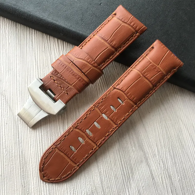 24mm fait à la main noir bleu cousu véritable cuir de veau bracelet de montre pour boucle de déploiement bracelet de montre pour PAM290F