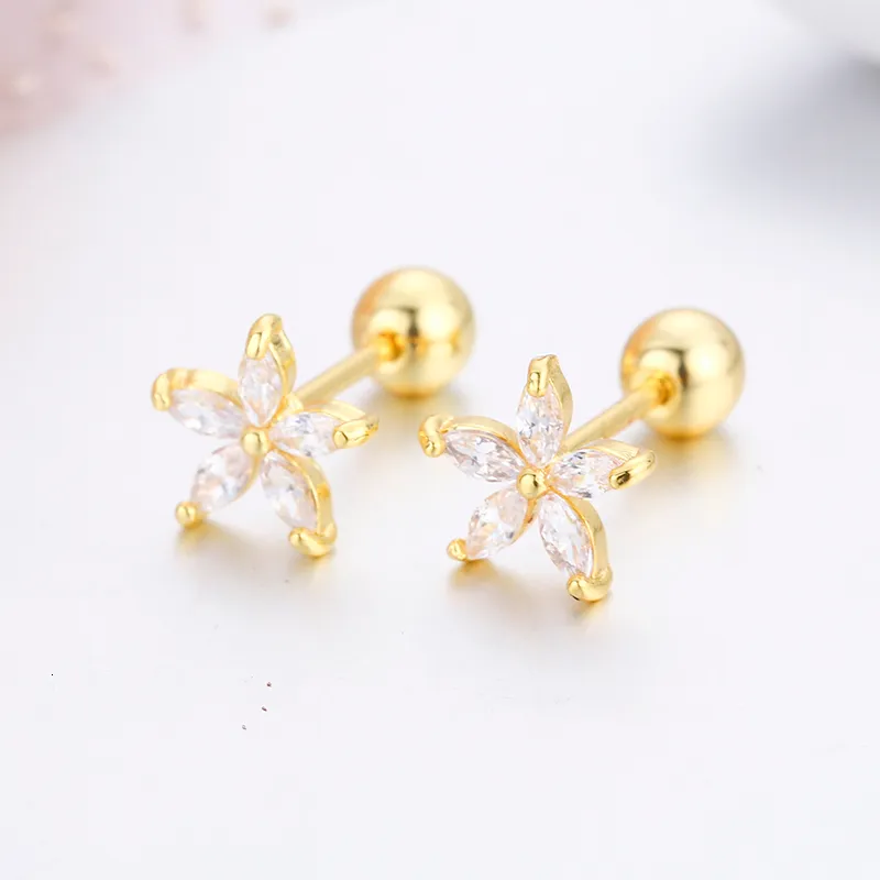 7 farben Nette Fünf Blütenblätter CZ Steine Blume Schraube Zurück Stud Ohrringe Für Frauen Baby Kinder Mädchen Gold Farbe Piercing schmuck Aros1205K