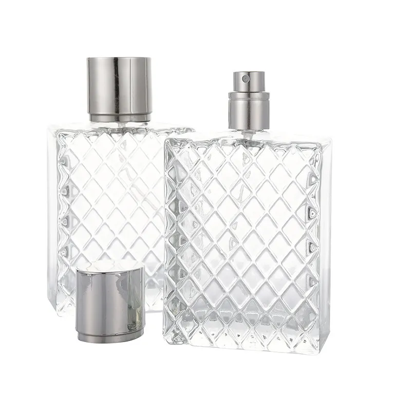 100mlの透明なガラスボトルグリッドデジーナー空の香水スプレーボトル香水アトマイザー補充可能なスプレー香水ボトル