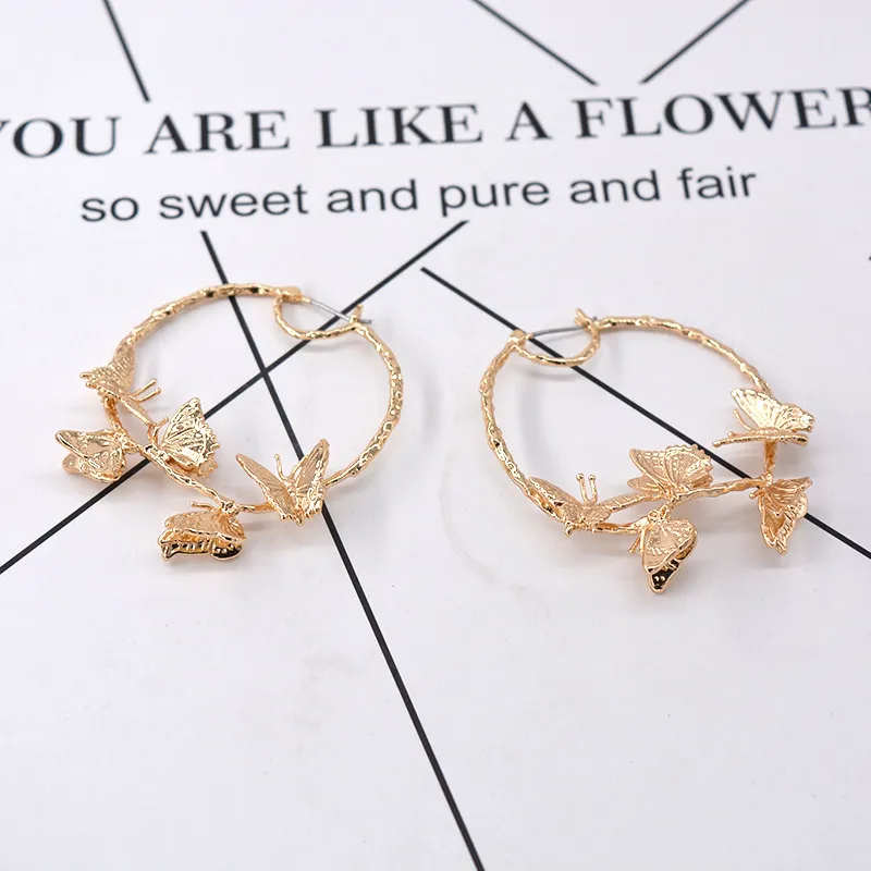 Hoop & Huggie MOFLO Gold Plating 55mm Oversized Round Circle Earrings 3D Insect Butterfly For Christmas Gift1293N