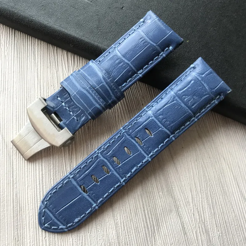 24 mm handgefertigtes, schwarz-blau genähtes Uhrenarmband aus echtem Kalbsleder für Faltschließe, Uhrenarmband für PAM240p