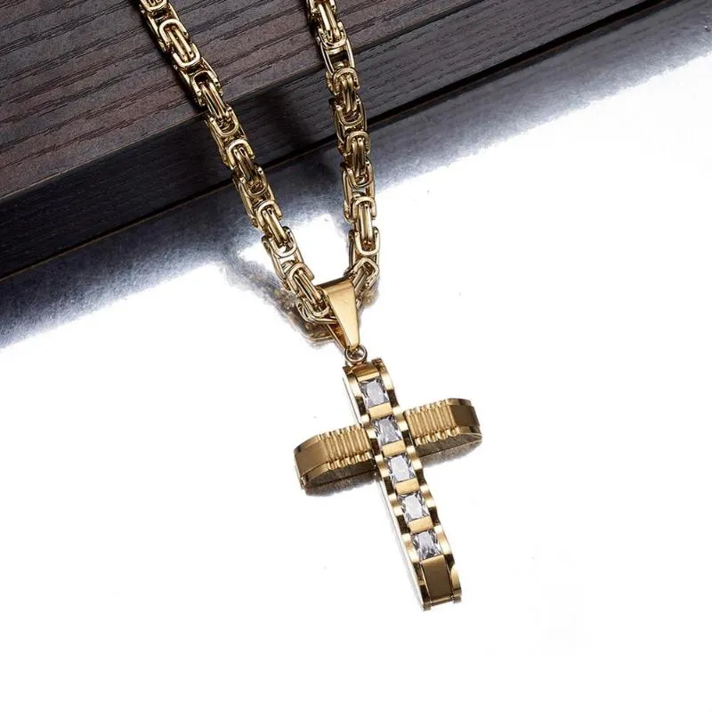 Rock Men's 316L Stainless Steel Rhinestone Cross Pendant Necklace Jewelry Gift Byzantine Box Chain 20-40inch1307g