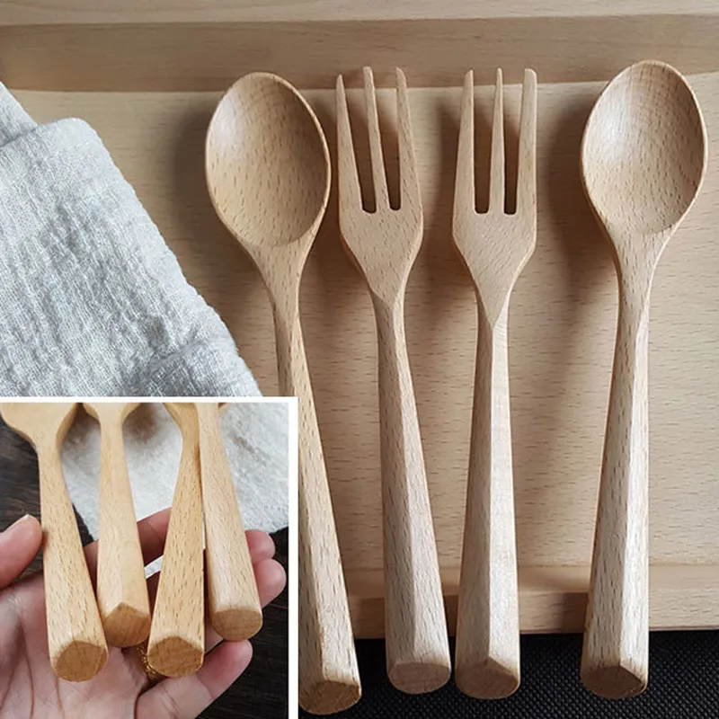 Naturel Couleur Solide Poignée longue Cuillère Cuillère en bois Voyage Voyage Portable Vaisselle Vaisselle Vaisselle écologique Soupes Soupes Spoons Forks Cucharas Tenedores