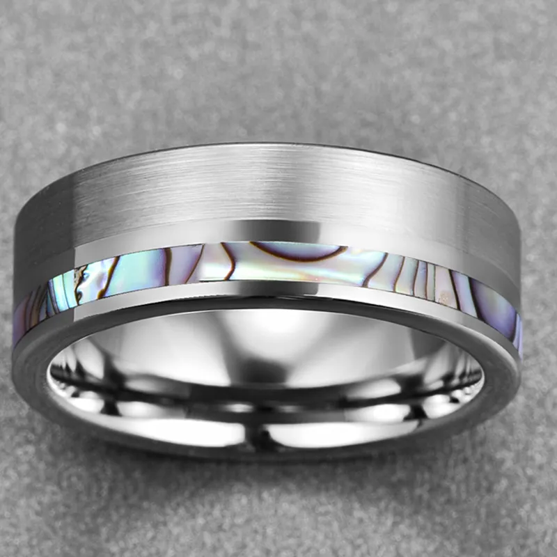 Bröllopsringar 8mm Natual Abalone Shell Tungsten Carbide Ring Silver Color Matte Surface Promise Smycken Engagement Män Anillos1291H