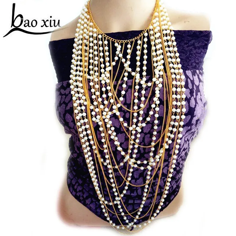 Exaggerated beaded super long pendants necklace women trendy pearl choker necklace body jewelry gold shoulder chain Y2009182501