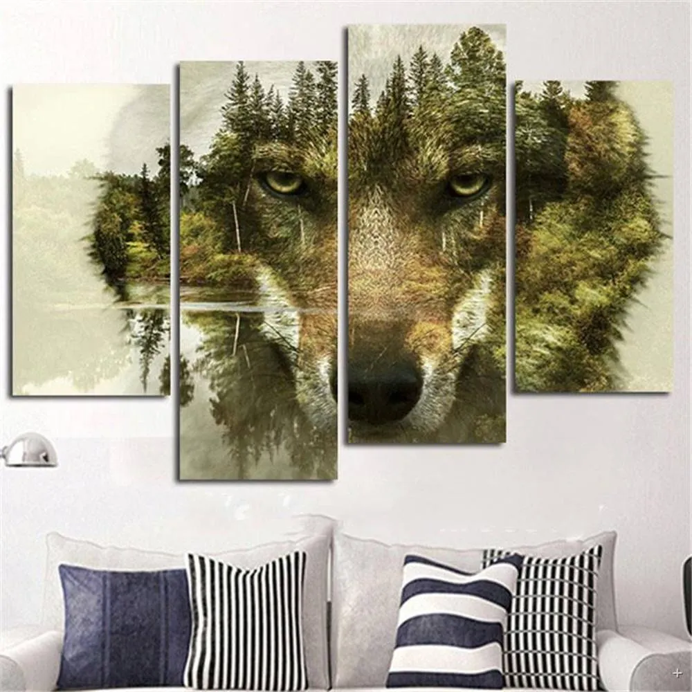 4 pezzi moderna tela pittura immagine arte della parete decorazione della casa lupo foresta acqua stampa animale su tela opera d'arte decorazione della parete8980025