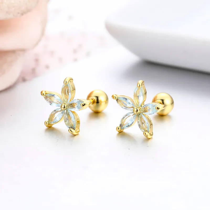 Cute Five Petals CZ Stones Flower Screw Back Stud Earrings For Women Baby Kids Girls Gold Color Piercing Jewelry Aros1264P