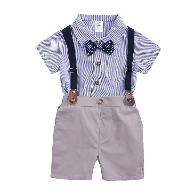 Baby Boys Clothes Sets 2019 Summer Toddler Boy Gentleman Tie Blouse Romper And Overalls Shorts Outfits Kids Party Clothing Set (10)