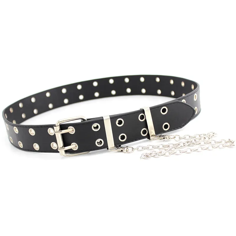 Ceinture à chaîne Punk pour femmes, réglable, noire, Double œillet simple, œillet, boucle en cuir, 298a