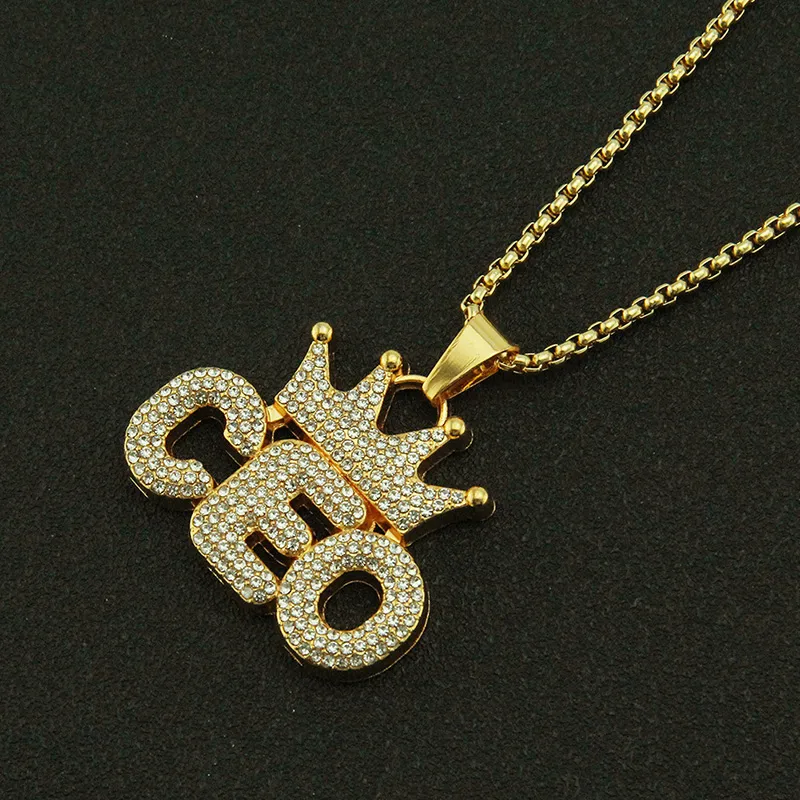 Ship Hop Rhinestones Bling Bling Iced Out Crown CEO Pendants Necklace for Men rapper Jewelry Drop 240Z