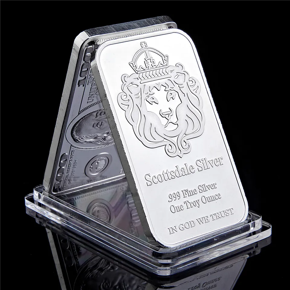 Scottsdale 999 Fijne zilveren One Troy Ounce Bars Bullion Craft in God We vertrouwen 50 mm x 28 mm Ingot Badge Decoration Coin Bar204s