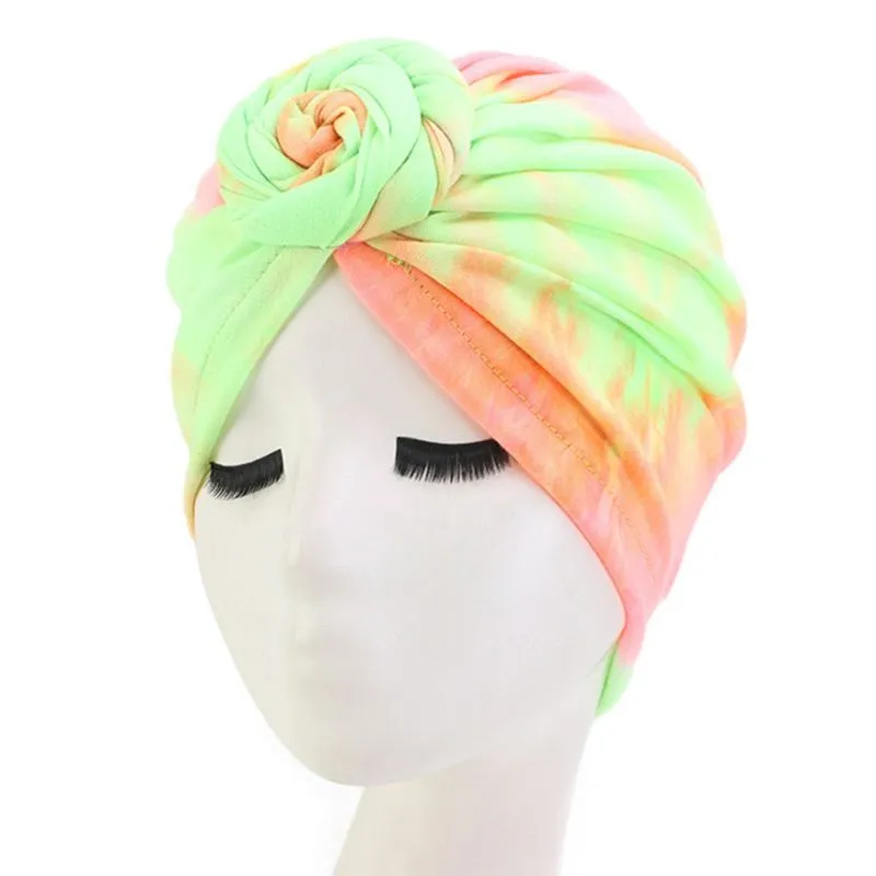 Chapéu turbante feminino Boho espiral com nó elástico neon tie-dye boné de quimioterapia Headwrap1250i