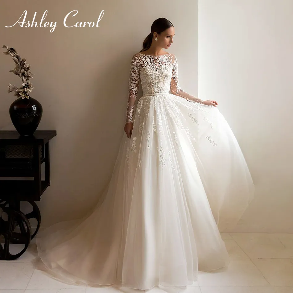 Ashley Carol A-ligne robe De mariée 2020 manches longues plage Scoop romantique perlé Appliques princesse robes De mariée Vestido De Noiva