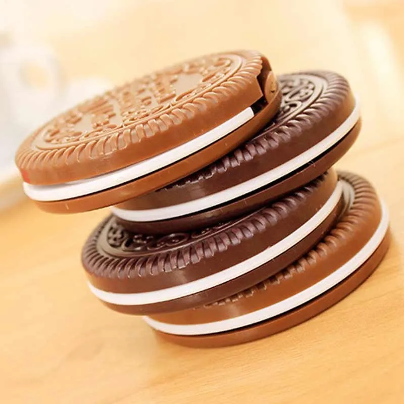 Biscuits poncés au chocolat miroirs mignon poche portable mini maquillage miroir femmes filles peigne biscuit forme miroir cosmétique espionné