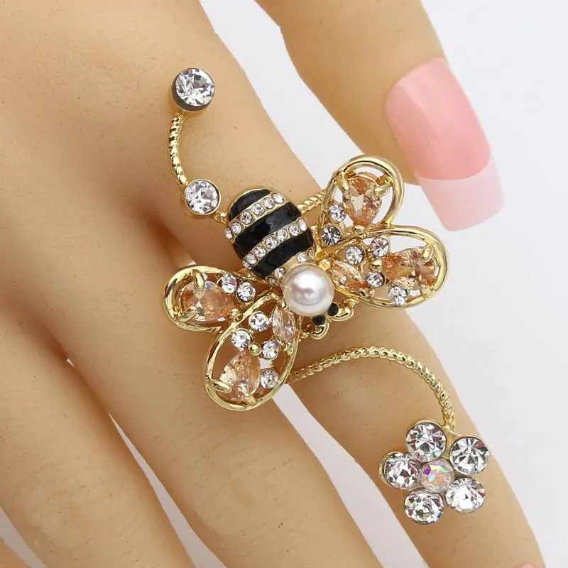 Exquisite Women Bee Spiral Ring Gold Color Cubic Zirconia Insect Animal Flower Wedding Female Finger Ring Trendy Stack Jewelry1288a