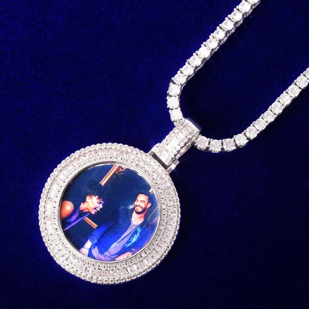 Solid Back Baguette Round Memory Picture Po Pendant Tennis Necklace Micro Pave Charm Herr Hip Hop Rock Jewelry341s