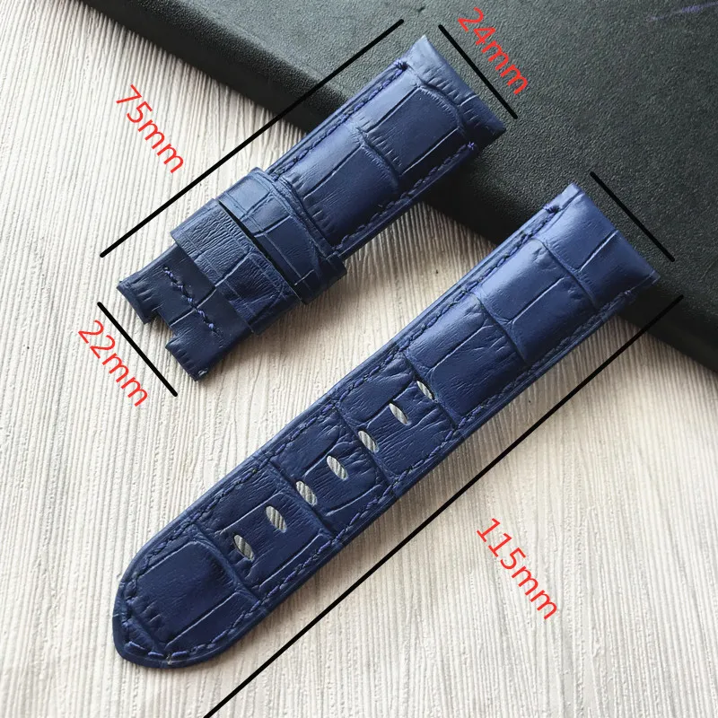 24mm Handmade Black blue Stitched Genuine Calf Leather Watch Strap Band For deployment buckle Watchband Strap for PAM290F