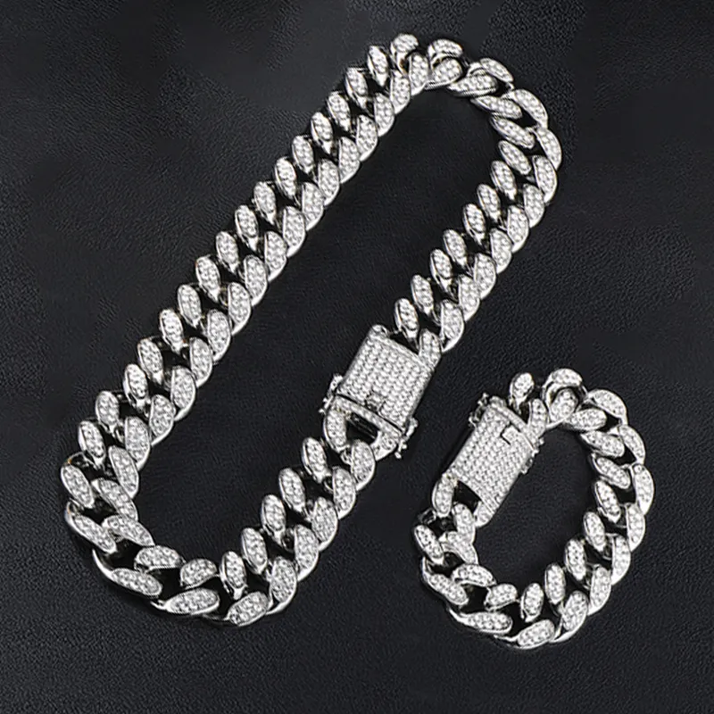 Hip Hop 20MM Set Miami Cuban Chain Necklace Bracelet Watch Iced Out Paved Rhinestones CZ Rapper Necklaces For Men Jewelry Y328Y
