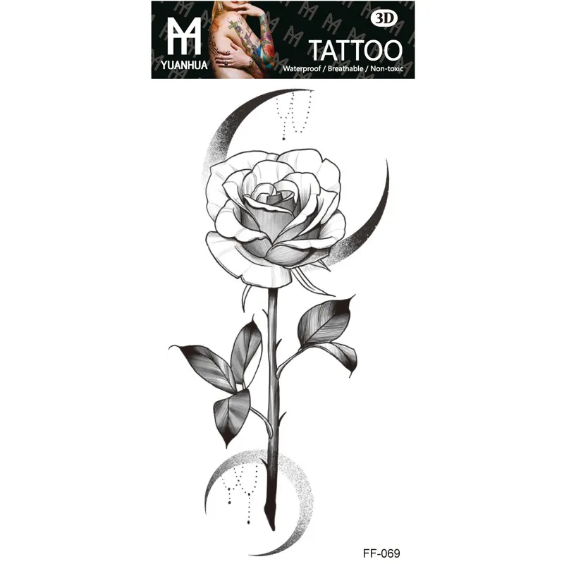 100 peças tatuagens temporárias à prova d'água com flores pretas inteiras, arte corporal feminina, beleza sexy, design de rosa, flash, adesivo de tatuagem falsa t1025004