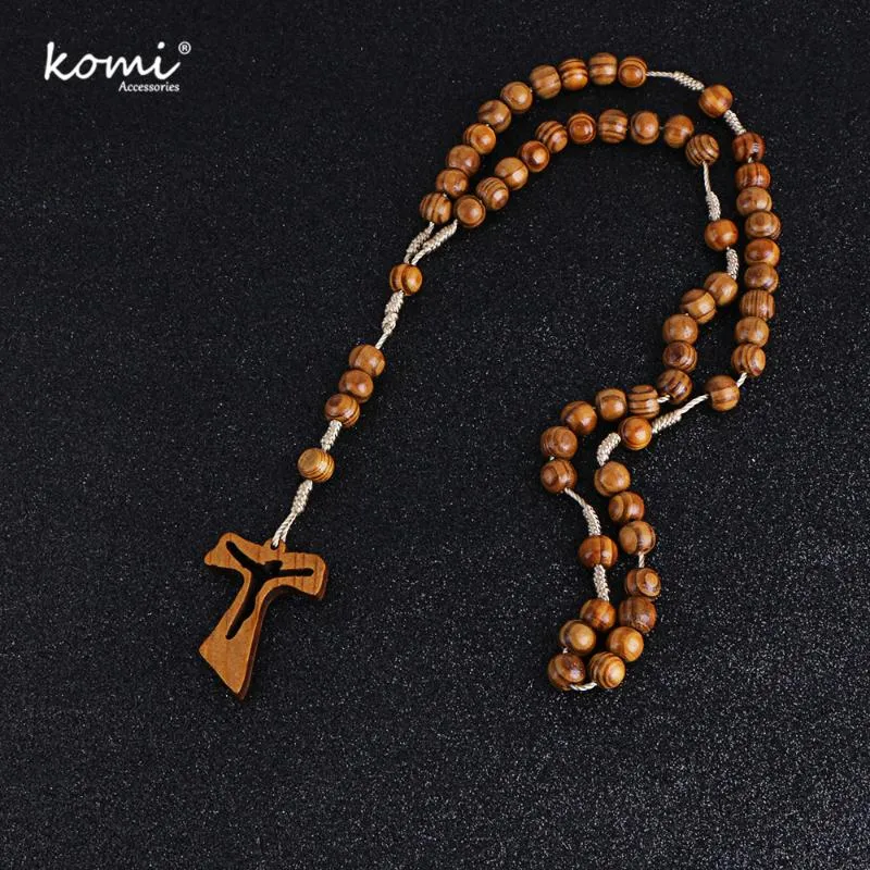 Collares colgantes Komi Católico Cristo Ortodoxo Cuentas de madera Collar de cruz hueca para mujeres Hombres Religioso Jesús Rosario Joyería Gi254p