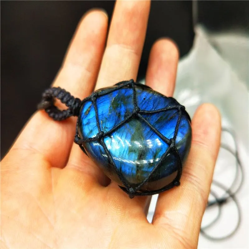 Labradorite Necklace Natural Stone Pendant Wrap Braid Necklace Yoga macrame Energy Dragons Heart1317C