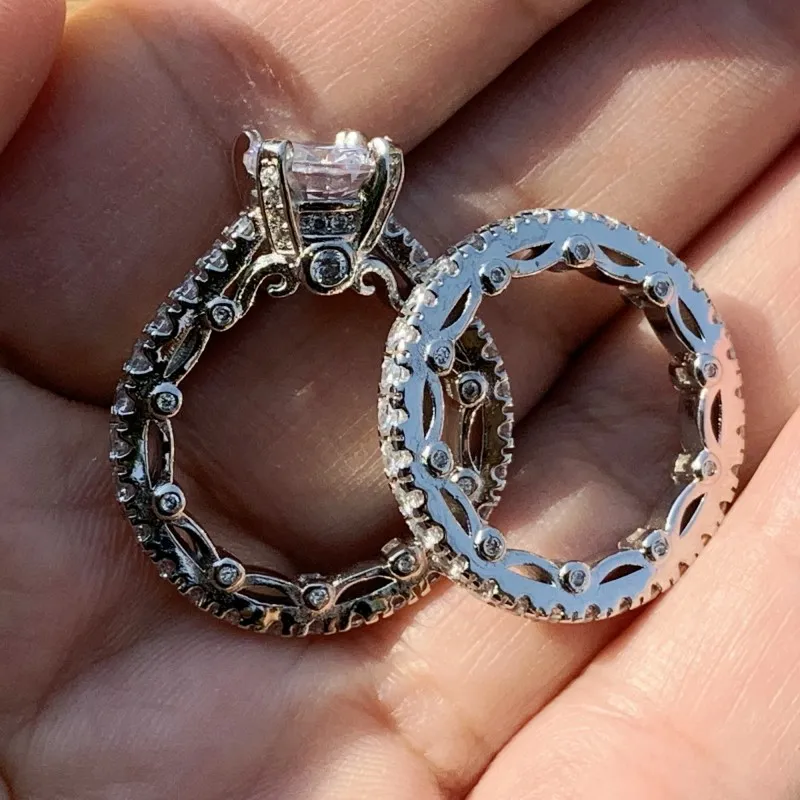 Vintage Fine Schmuck Paar Ringe 925 Sterling Silber Round Schnitt weiße Topaz CZ Diamond Gemstones Versprechen Frauen Hochzeit Brautring225h
