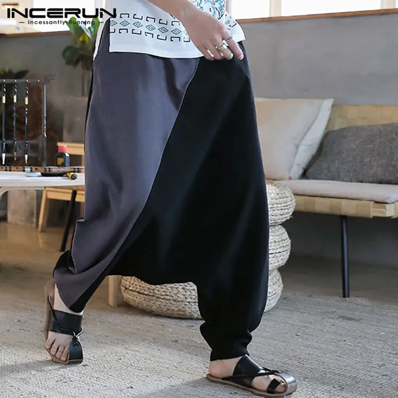 INCERUN Men Harem Pants Patchwork Elastic Waist Joggers Retro Baggy Cotton Trousers Men Casual Drop Crotch Pants Streetwear 200925