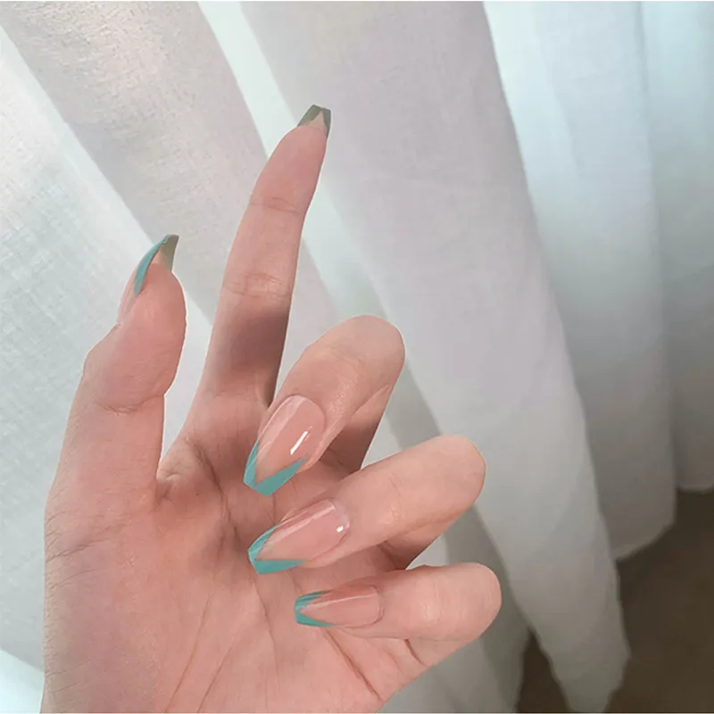 Quality/ set franska falska naglar blå flamma falska naglar med lim långa ballett nageltips dekoration nagel konst verktyg