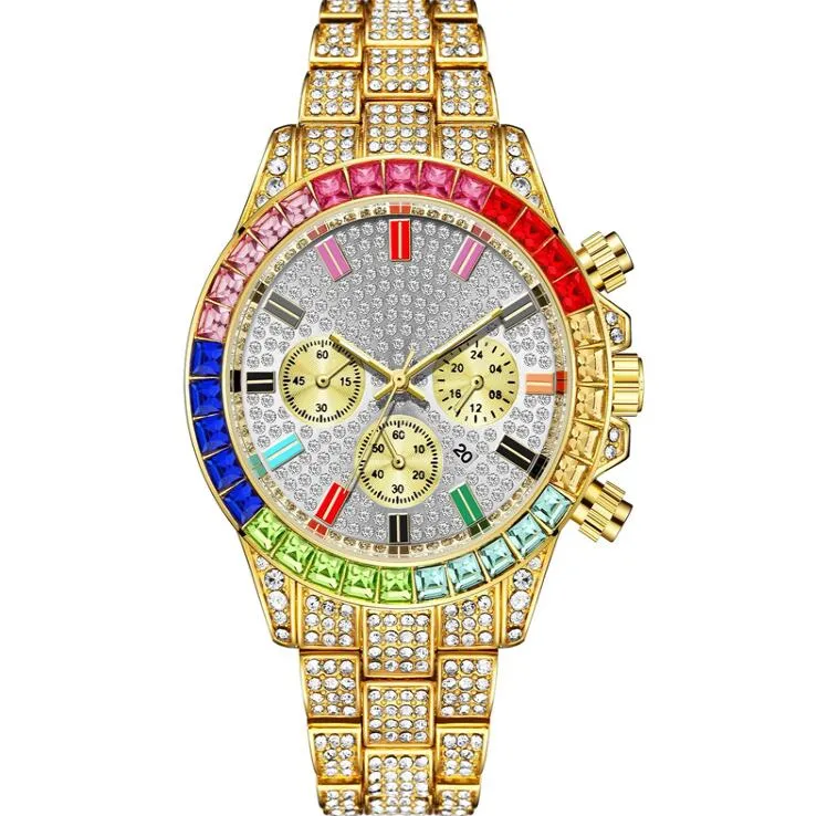 Heren hiphop kleur diamant grote wijzerplaat horloge stalen riem volledige Diamond Heren gouden quartz chronograaf vakantiegift2132