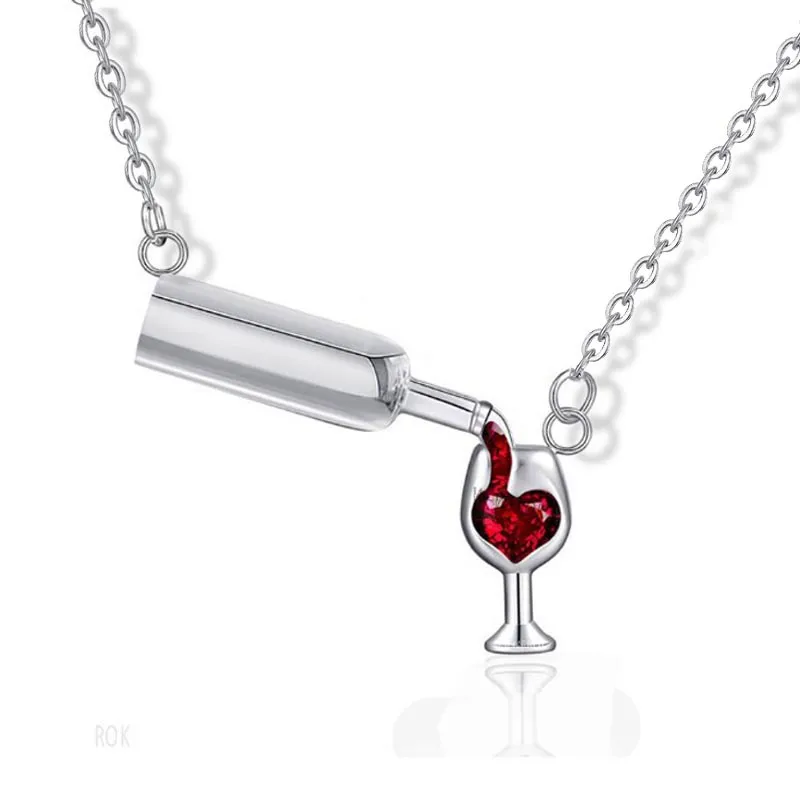 Rose Gold Farbe Kreative Wein Glas Anhänger Halskette für Frauen Zirkon Rotes Herz Wein Tasse Charme Halskette Choker Short1229U