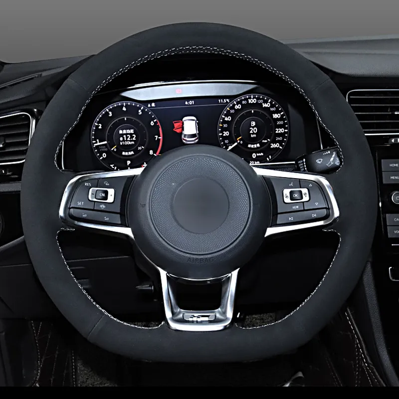 ألياف الكربون سوداء من جلد الغزال تغطية عجلة القيادة لفولكس واجن جولف 7 GTI Golf R MK7 Polo Scirocco 2015 2016283S