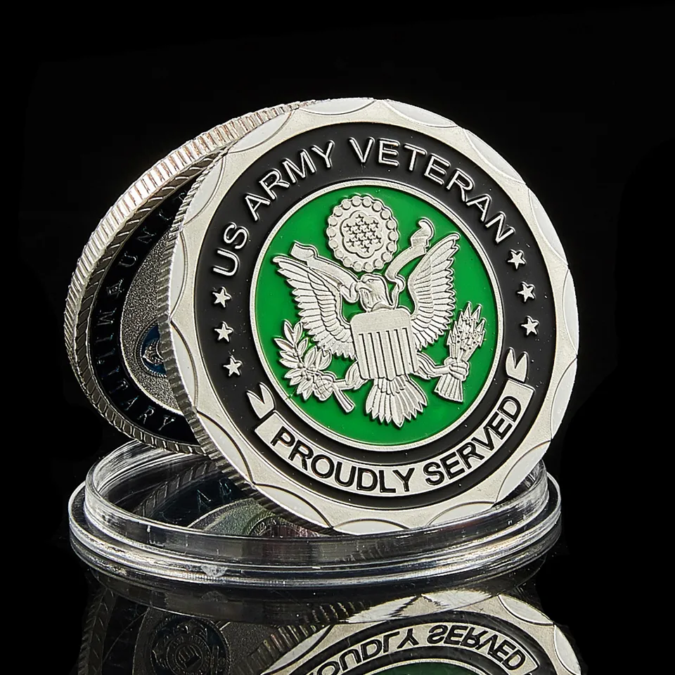 10 stcs us vlag leger veteraan Coin Craft Proud diende deze We039ll Defend Duty Honor Country Day Silver Pated Challenge Badge9285517