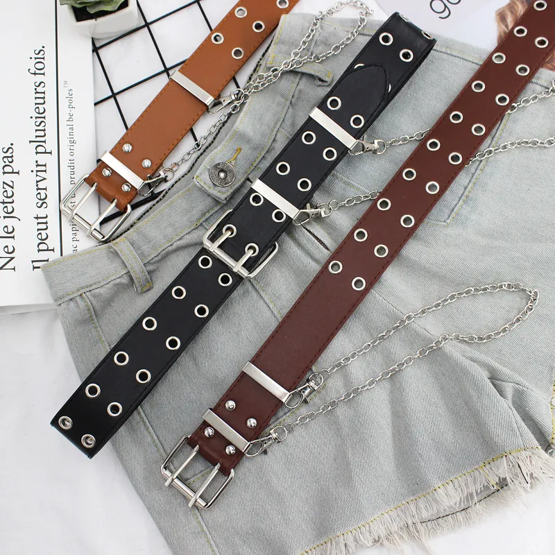 Ceinture à chaîne Punk pour femmes, ajustable, noire, Double œillet simple, œillet, boucle en cuir, 255z