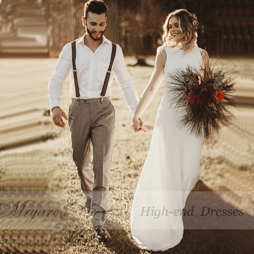 Mryarce 2020 Simply Elegant Crepe Rustic Wedding Dress Sleeveless V Back Bridal Gowns (1)