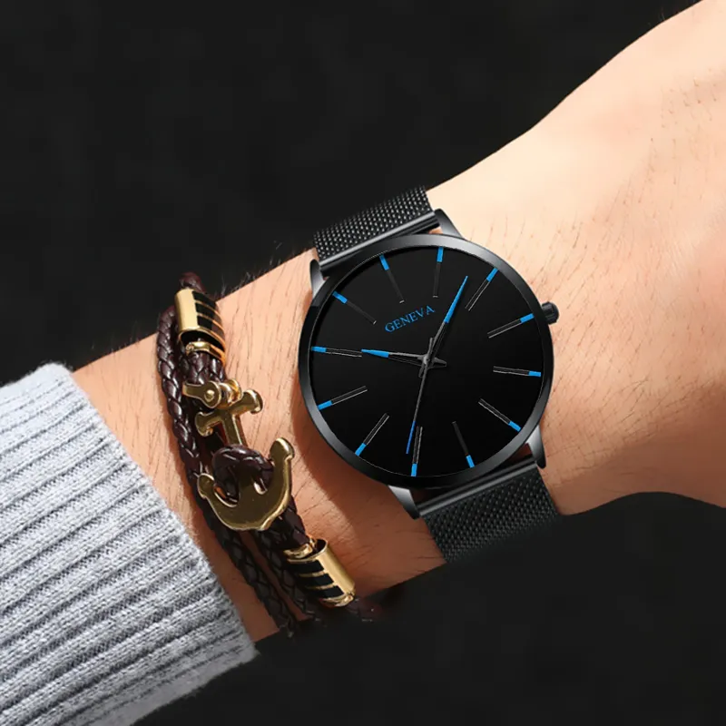 Geneva Ultra cienkie męskie zegarki Niebieski wskaźnik Kwarcowy Kwarc na rękę ze zegarem Pasku Pasek Zegar Pasek Zegar Prezent Relogio Masculino133h