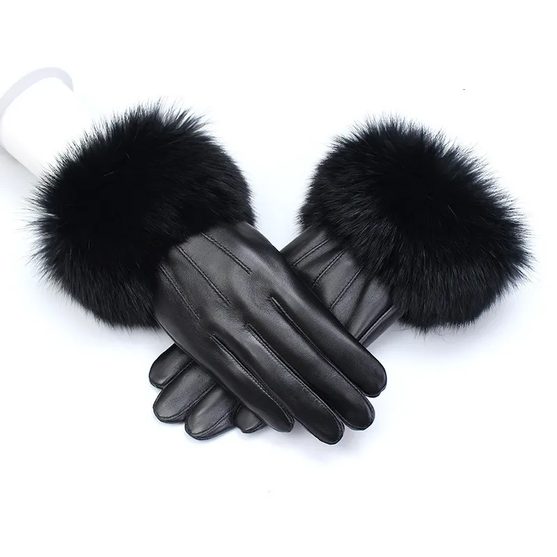 Cinco dedos Guantes Invierno Mujeres 2021 Pantalla táctil Cuero genuino Negro Luva Guantes Handschoenen Modis Hiver Femme275U